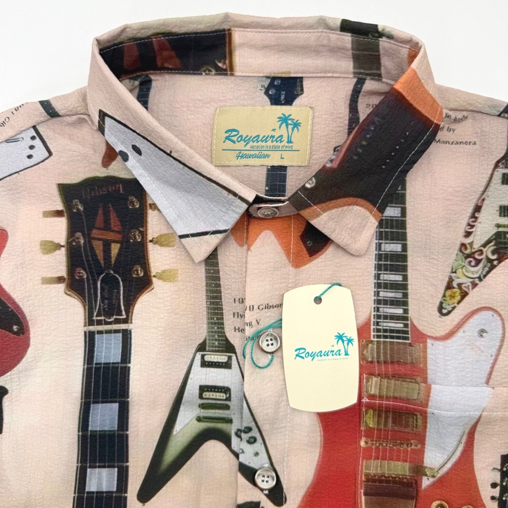 Royaura Button Down Men Large Tan Gibson Guitar Hawaiian Short Sleeve Camp Shirt